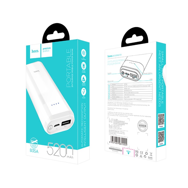 HOCO B35A Portable 5200mAh External Battery Charger Power Bank with LED Indicator - White-7