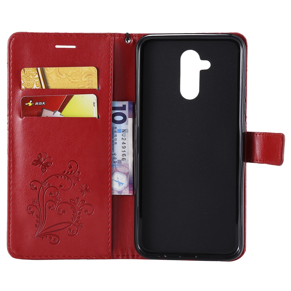 Imprint Workmanship Butterfly Flower Leather Wallet Magnetic Stand Cover for Huawei Mate 20 Lite - Red-4