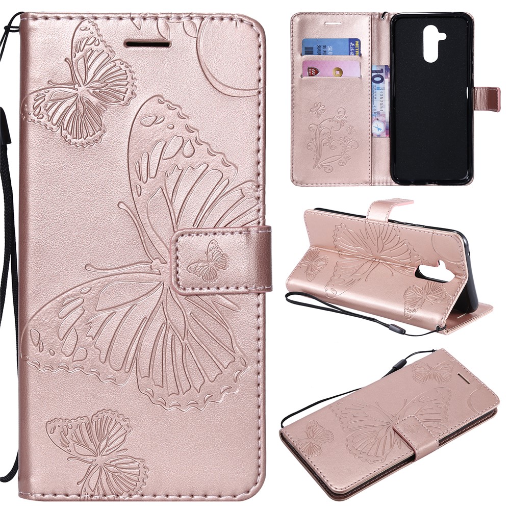 Imprint Vivid Butterfly Flower Leather Wallet Magnetic Stand Cover for Huawei Mate 20 Lite - Rose Gold-1