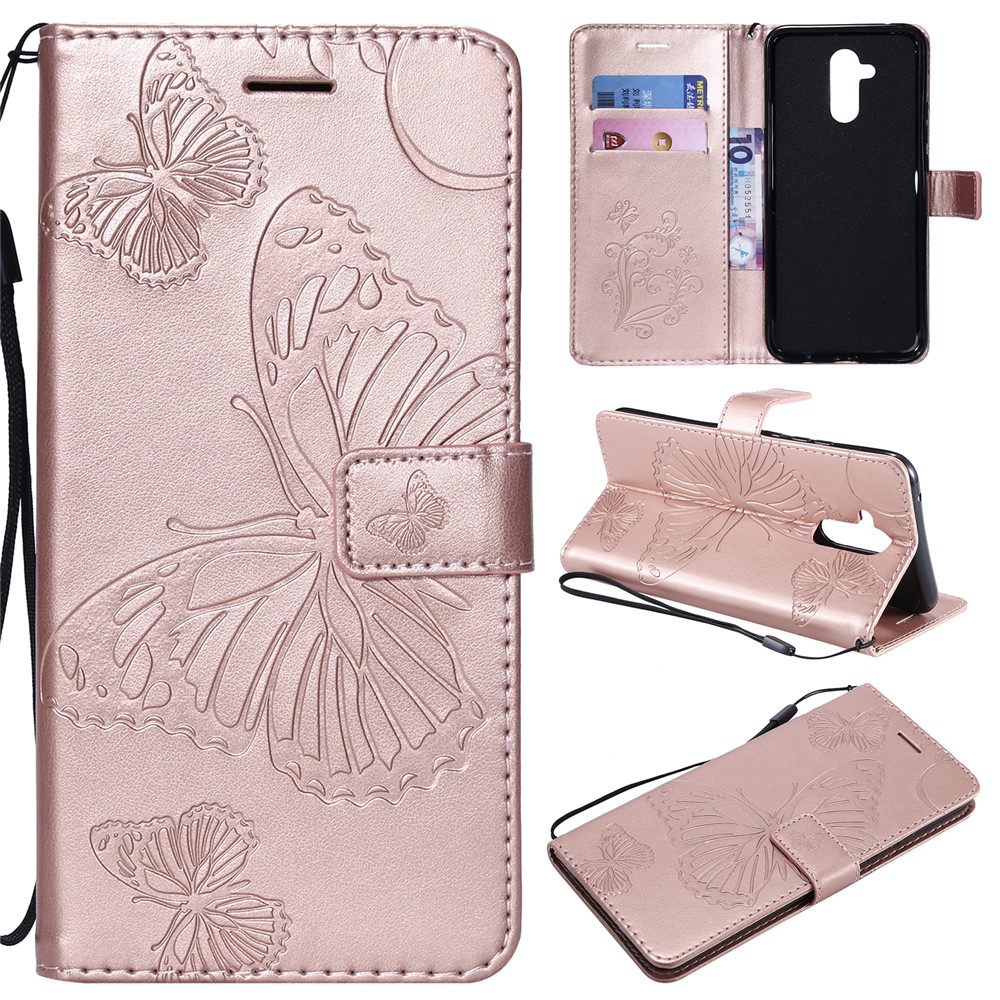 KT Impression de Fleurs Série-2 Impreinte Butterfly Fleur Portefeuille en Cuir Magile Couvre Pour Huawei Mate 20 Lite - or Rose