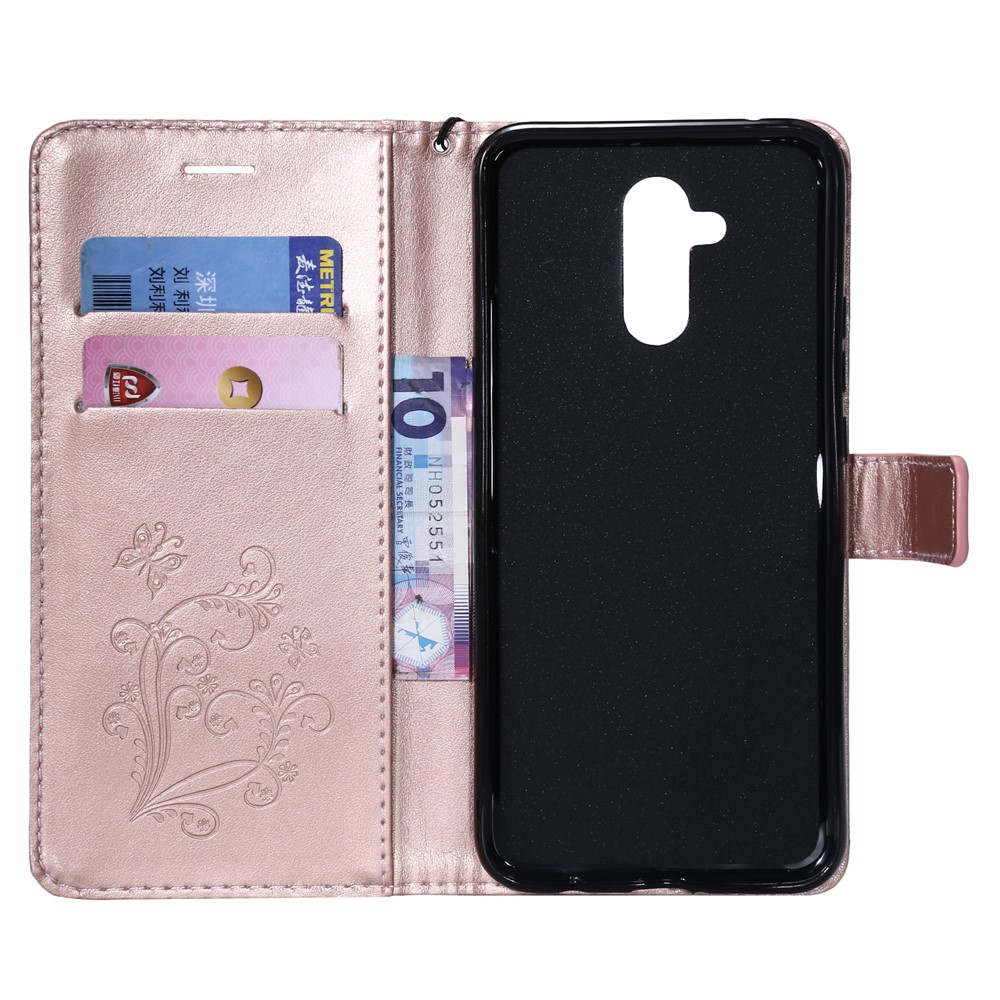 Imprint Vivid Butterfly Flower Leather Wallet Magnetic Stand Cover for Huawei Mate 20 Lite - Rose Gold-4