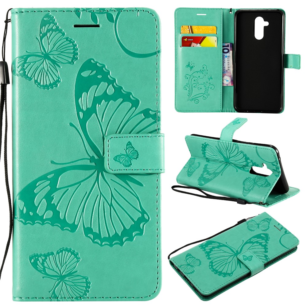 Imprint Butterfly Flower Leather Wallet Magnetic Stand Casing for Huawei Mate 20 Lite - Cyan-1