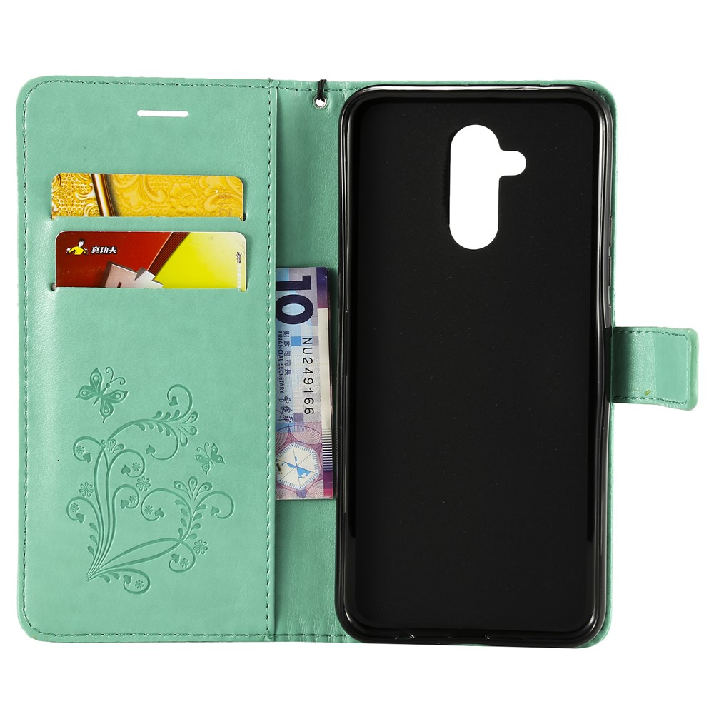 Imprint Butterfly Flower Leather Wallet Magnetic Stand Casing for Huawei Mate 20 Lite - Cyan-4