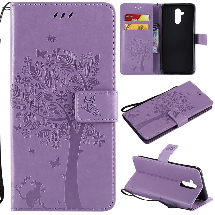 Imprint Cat and Tree Wallet Stand PU Leather Mobile Phone Case with Lanyard for Huawei Mate 20 Lite - Light Purple-1