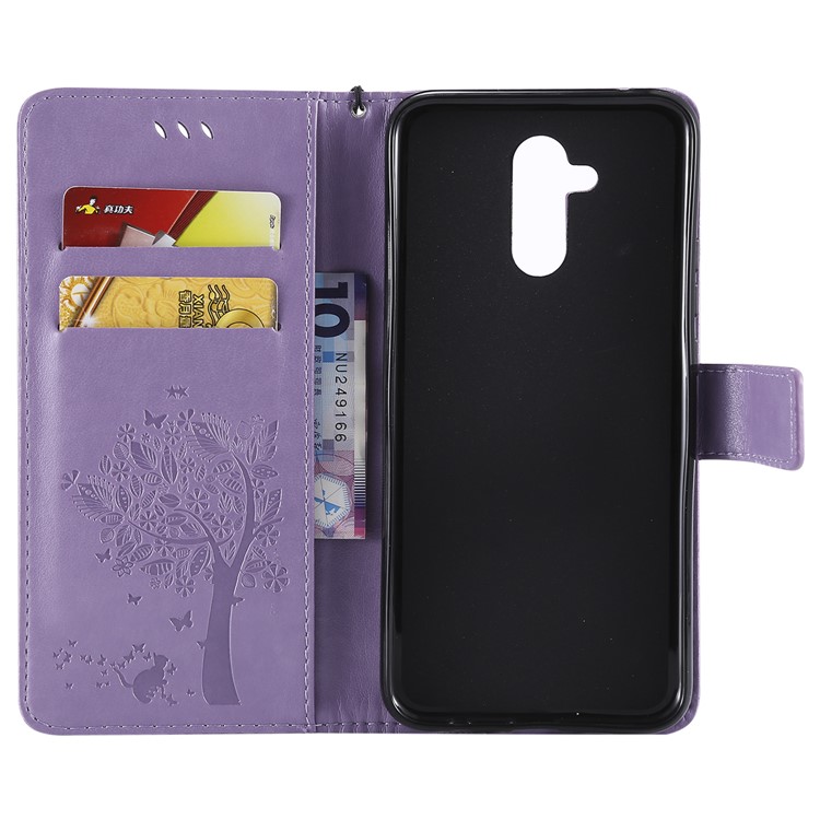 Imprint Cat and Tree Wallet Stand PU Leather Mobile Phone Case with Lanyard for Huawei Mate 20 Lite - Light Purple-4