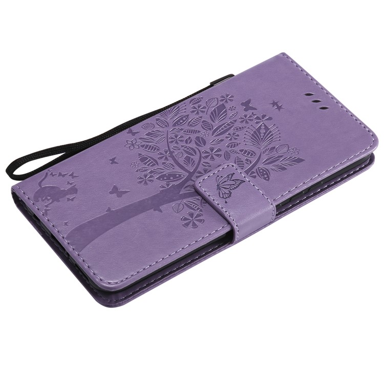 Imprint Cat and Tree Wallet Stand PU Leather Mobile Phone Case with Lanyard for Huawei Mate 20 Lite - Light Purple-5