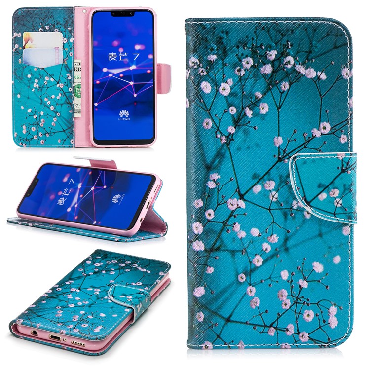 Pattern Printing PU Leather Wallet Stand Phone Case for Huawei Mate 20 Lite / Maimang 7 - Tree with Flowers-1