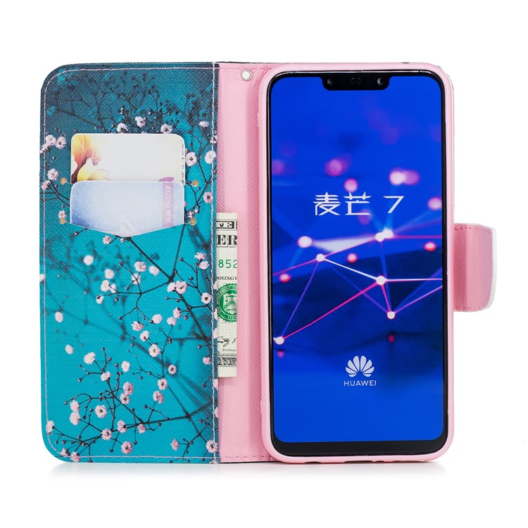 Pattern Printing PU Leather Wallet Stand Phone Case for Huawei Mate 20 Lite / Maimang 7 - Tree with Flowers-13