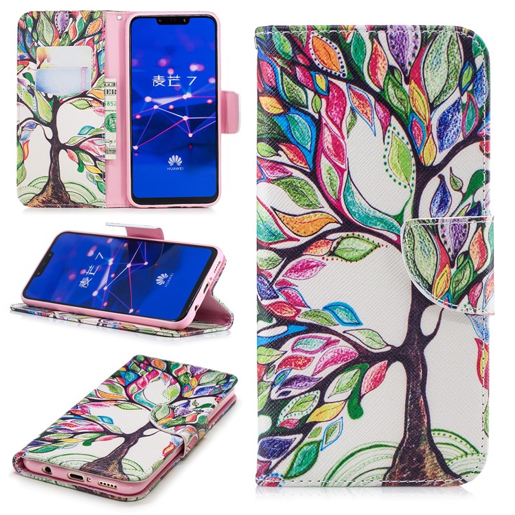 Pattern Printing PU Leather Wallet Stand Phone Cover for Huawei Mate 20 Lite / Maimang 7 - Colorized Tree-1