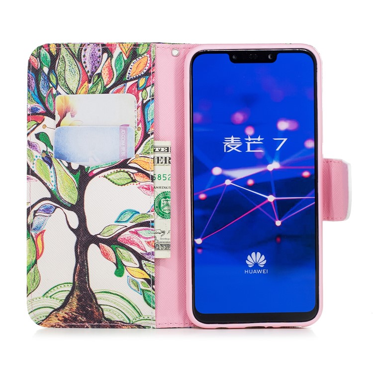Pattern Printing PU Leather Wallet Stand Phone Cover for Huawei Mate 20 Lite / Maimang 7 - Colorized Tree-13