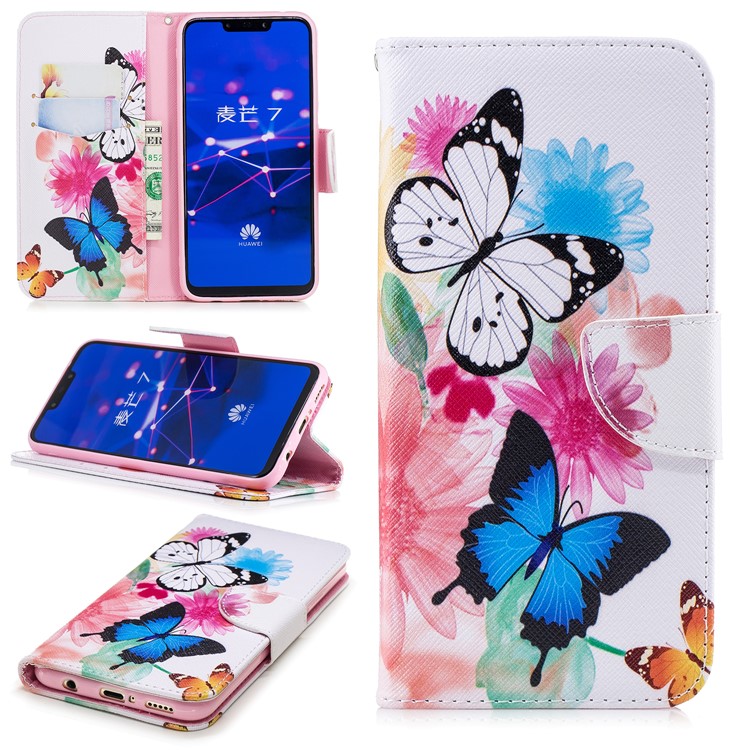 Pattern Printing PU Leather Wallet Stand Phone Case Shell for Huawei Mate 20 Lite / Maimang 7 - Colorful Butterflies-1