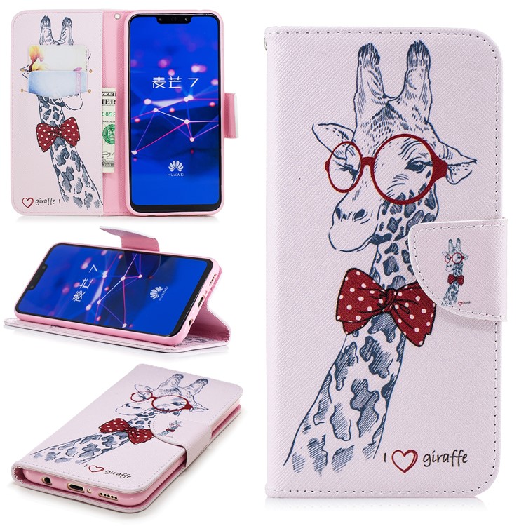 Pattern Printing PU Leather Wallet Stand Phone Casing for Huawei Mate 20 Lite / Maimang 7 - Giraffe Wearing Glasses-1