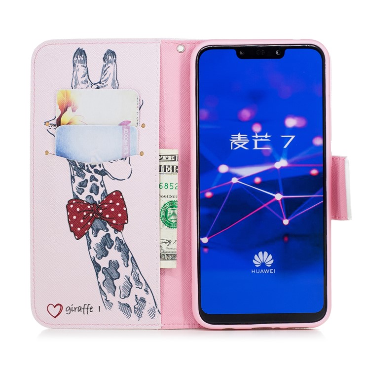 Pattern Printing PU Leather Wallet Stand Phone Casing for Huawei Mate 20 Lite / Maimang 7 - Giraffe Wearing Glasses-13