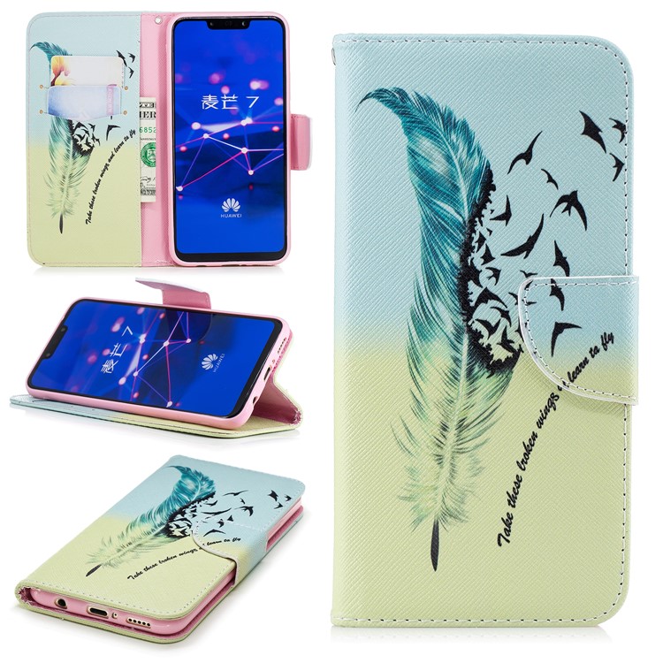Pattern Printing PU Leather Wallet Stand Mobile Cover for Huawei Mate 20 Lite / Maimang 7 - Feather Pattern-1