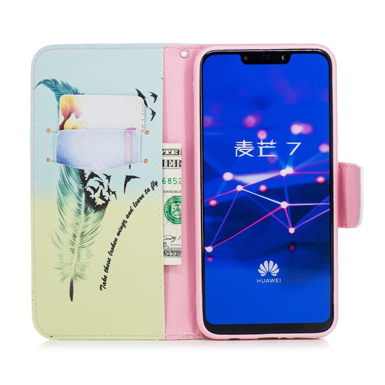 Pattern Printing PU Leather Wallet Stand Mobile Cover for Huawei Mate 20 Lite / Maimang 7 - Feather Pattern-13