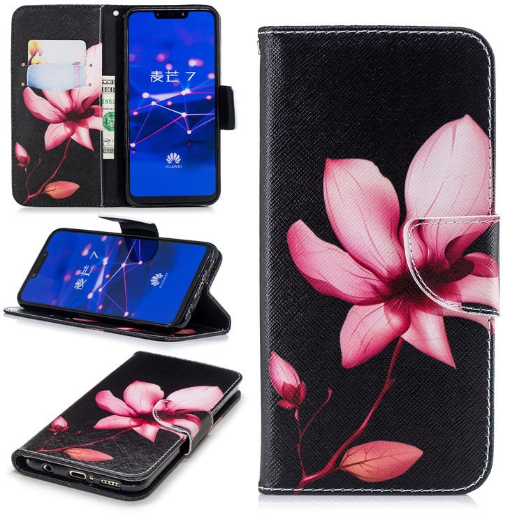For Huawei Mate 20 Lite / Maimang 7 Patterned Wallet Magnetic Leather Cover with Stand - Pink Flower-1