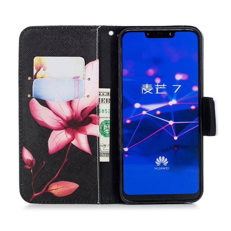 For Huawei Mate 20 Lite / Maimang 7 Patterned Wallet Magnetic Leather Cover with Stand - Pink Flower-13