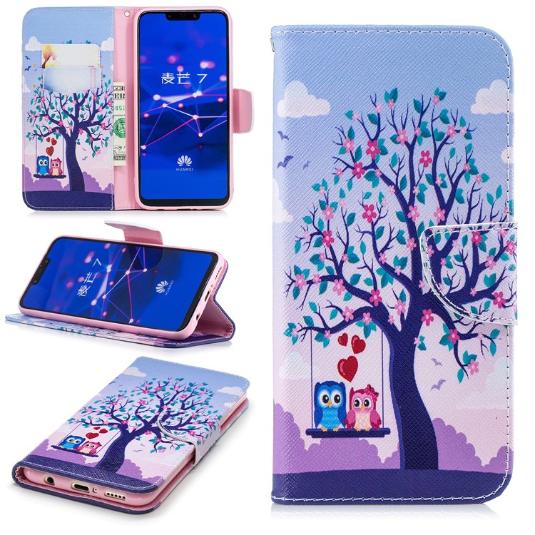 For Huawei Mate 20 Lite / Maimang 7 Patterned Wallet Magnetic Leather Shell with Stand - Owls on Swing-1