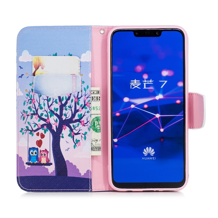 For Huawei Mate 20 Lite / Maimang 7 Patterned Wallet Magnetic Leather Shell with Stand - Owls on Swing-13