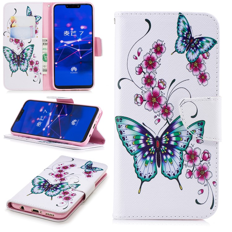 For Huawei Mate 20 Lite / Maimang 7 Patterned Wallet Magnetic Leather Mobile Case with Stand - Butterflies and Flowers-1