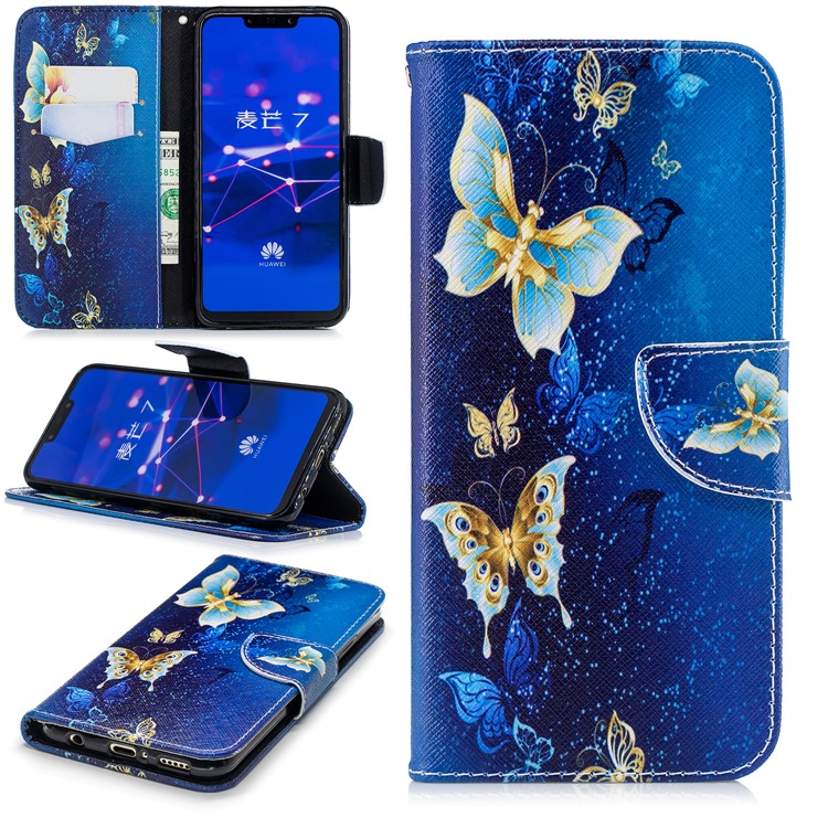 For Huawei Mate 20 Lite / Maimang 7 Patterned Wallet Magnetic Leather Cellphone Cover with Stand - Gold and Blue Butterfly-1