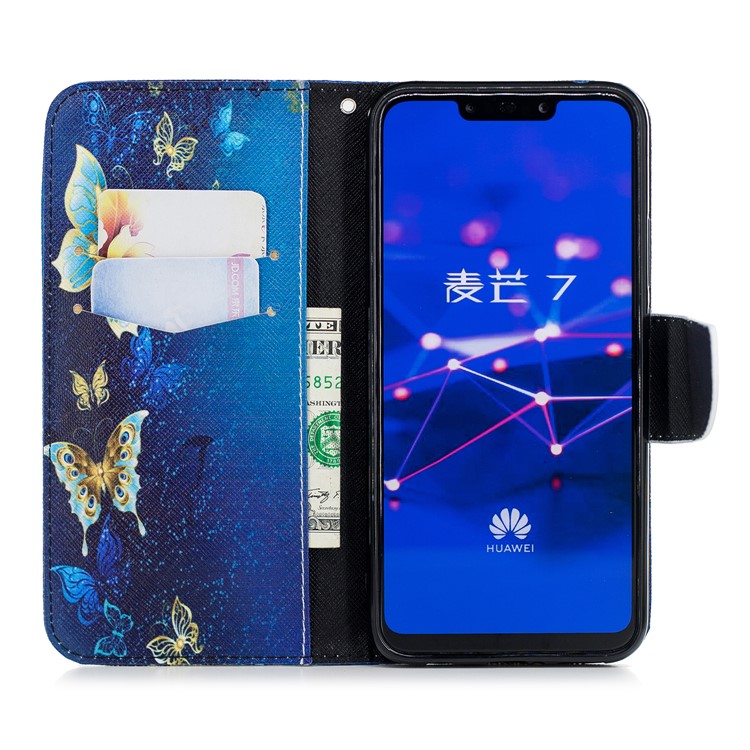 For Huawei Mate 20 Lite / Maimang 7 Patterned Wallet Magnetic Leather Cellphone Cover with Stand - Gold and Blue Butterfly-13