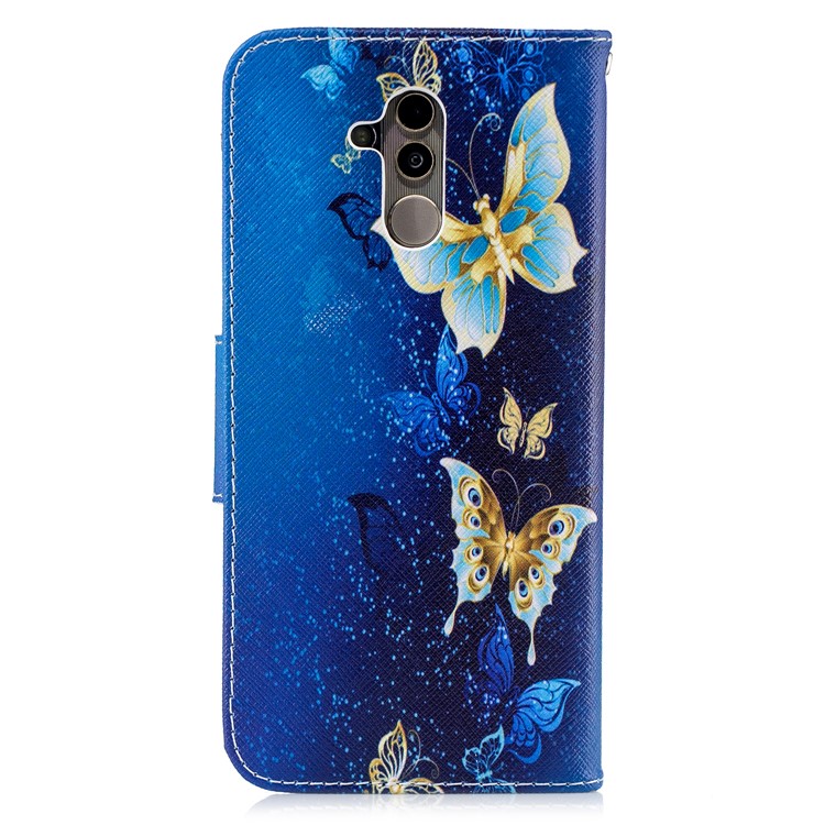 For Huawei Mate 20 Lite / Maimang 7 Patterned Wallet Magnetic Leather Cellphone Cover with Stand - Gold and Blue Butterfly-8