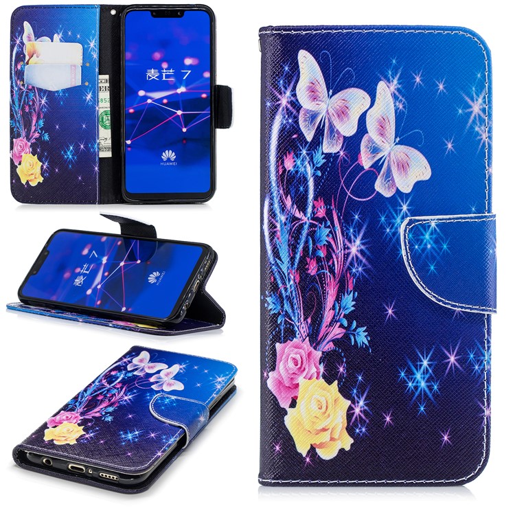 For Huawei Mate 20 Lite / Maimang 7 Patterned Wallet Magnetic Leather Shell Case with Stand - Crystal Butterfly and Flower-1