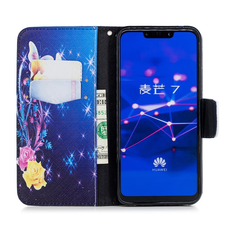For Huawei Mate 20 Lite / Maimang 7 Patterned Wallet Magnetic Leather Shell Case with Stand - Crystal Butterfly and Flower-13