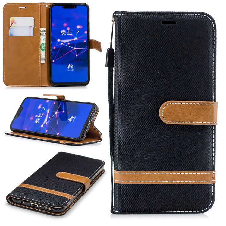 Splicing Jean Cloth PU Leather Wallet Stand Case with Strap for Huawei Mate 20 Lite / Maimang 7 - Black-1