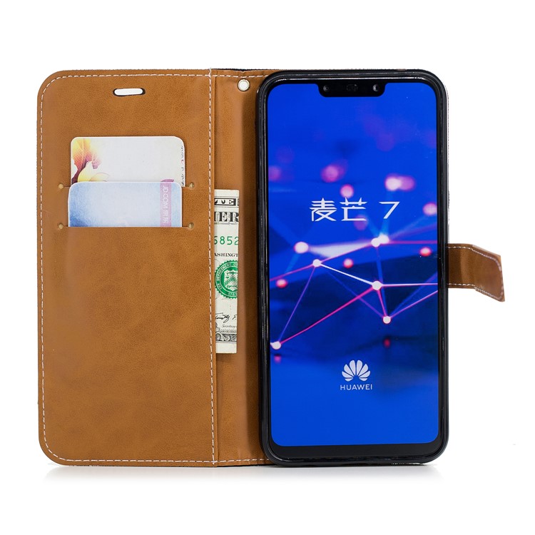 Splicing Jean Cloth PU Leather Wallet Stand Case with Strap for Huawei Mate 20 Lite / Maimang 7 - Black-10