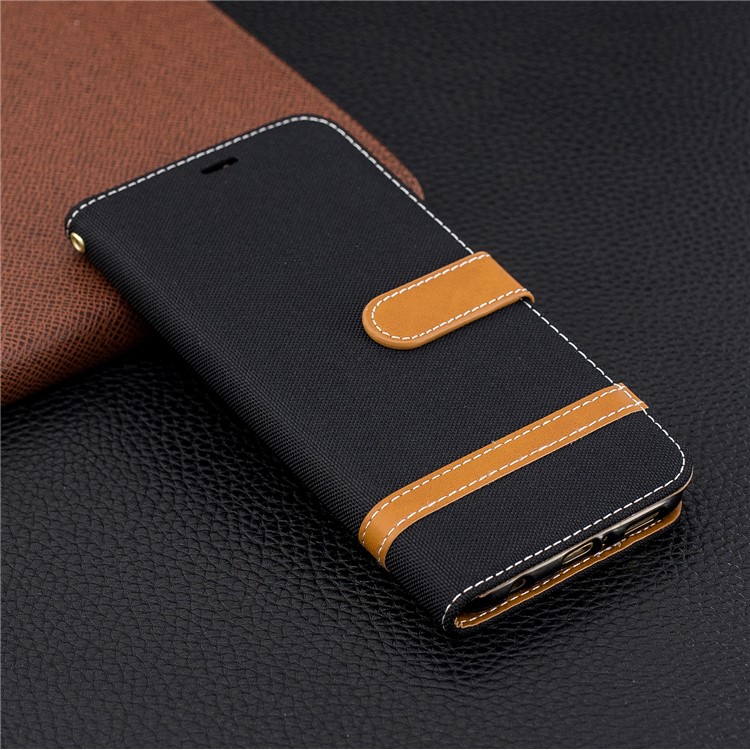 Splicing Jean Cloth PU Leather Wallet Stand Case with Strap for Huawei Mate 20 Lite / Maimang 7 - Black-2