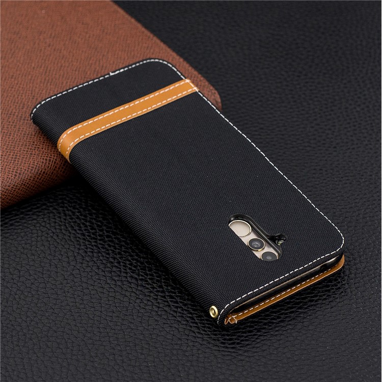 Splicing Jean Cloth PU Leather Wallet Stand Case with Strap for Huawei Mate 20 Lite / Maimang 7 - Black-3