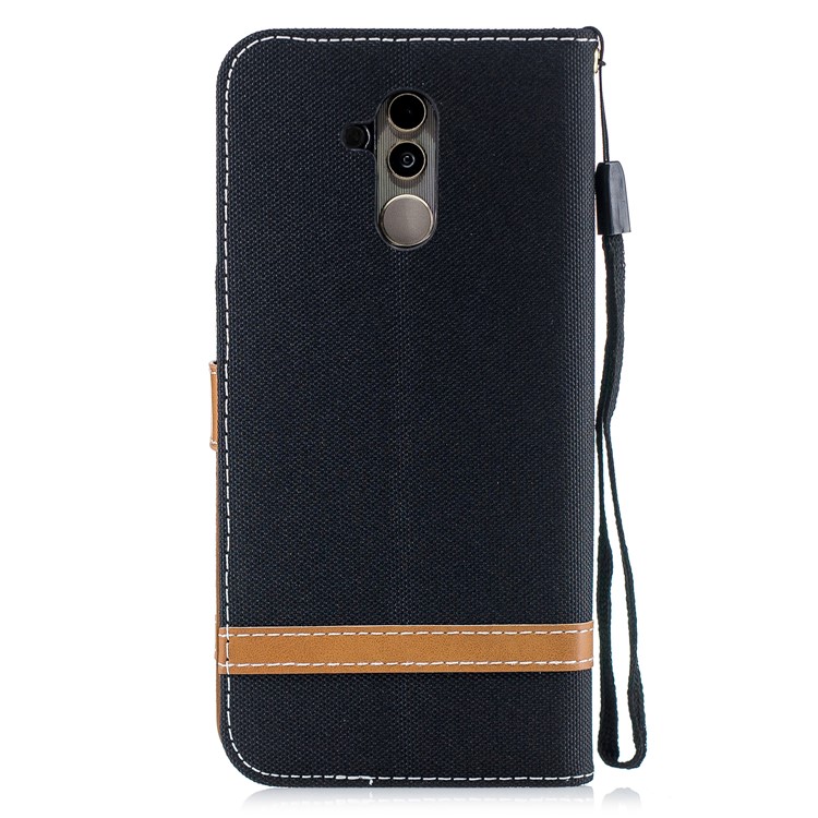 Splicing Jean Cloth PU Leather Wallet Stand Case with Strap for Huawei Mate 20 Lite / Maimang 7 - Black-5