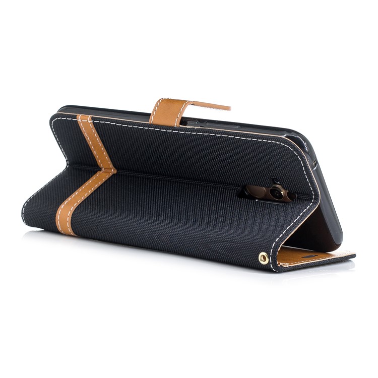 Splicing Jean Cloth PU Leather Wallet Stand Case with Strap for Huawei Mate 20 Lite / Maimang 7 - Black-6