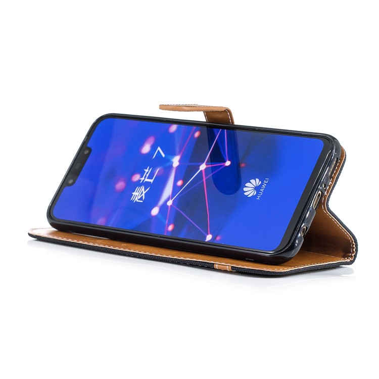 Splicing Jean Cloth PU Leather Wallet Stand Case with Strap for Huawei Mate 20 Lite / Maimang 7 - Black-7