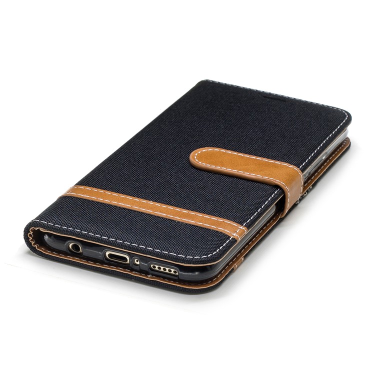 Splicing Jean Cloth PU Leather Wallet Stand Case with Strap for Huawei Mate 20 Lite / Maimang 7 - Black-8