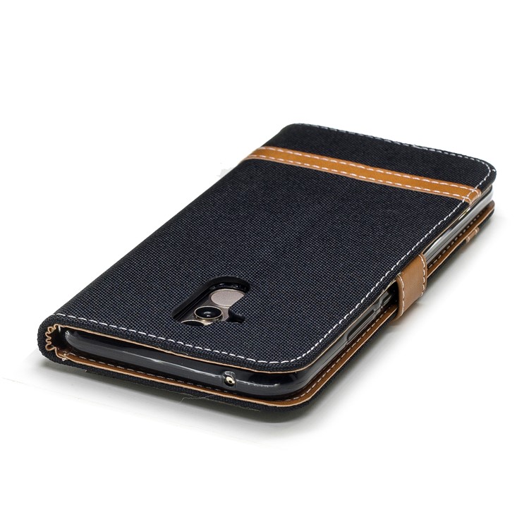 Splicing Jean Cloth PU Leather Wallet Stand Case with Strap for Huawei Mate 20 Lite / Maimang 7 - Black-9