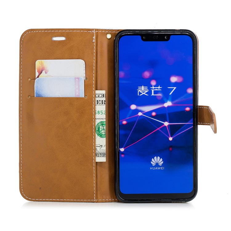 Splicing Jean Cloth PU Leather Wallet Stand Cover with Strap for Huawei Mate 20 Lite / Maimang 7 - Grey-10