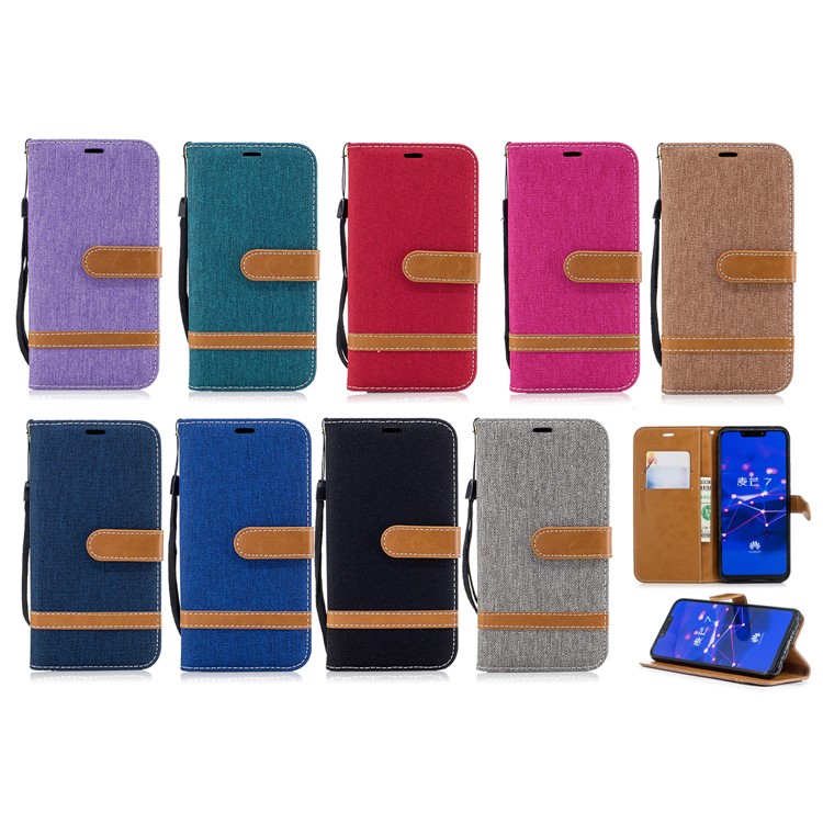Splicing Jean Cloth PU Leather Wallet Stand Cover with Strap for Huawei Mate 20 Lite / Maimang 7 - Grey-11