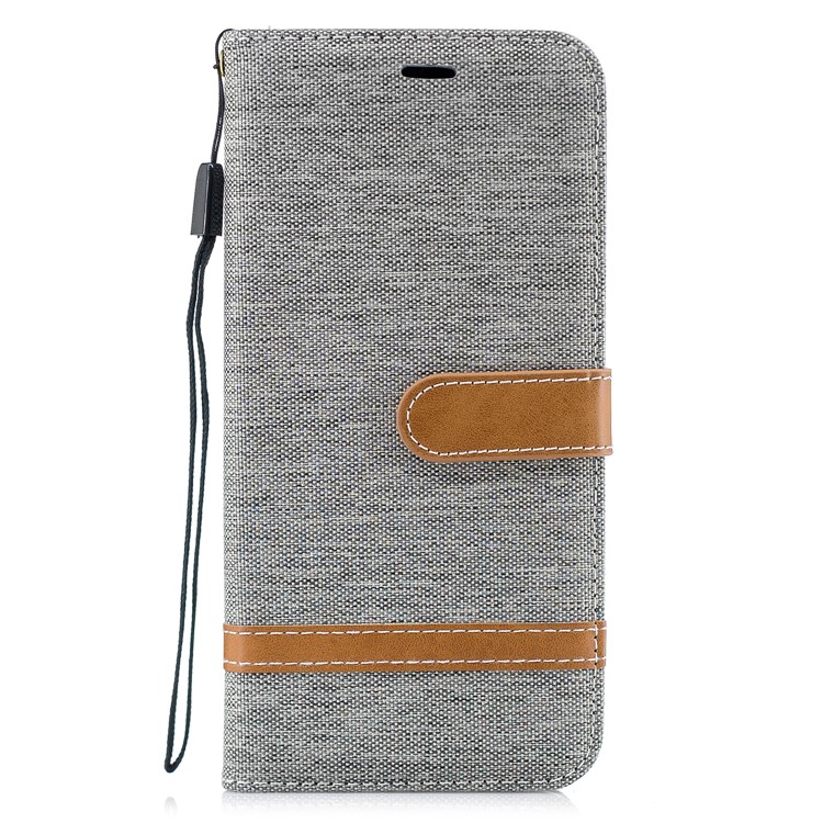 Splicing Jean Cloth PU Leather Wallet Stand Cover with Strap for Huawei Mate 20 Lite / Maimang 7 - Grey-4