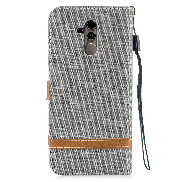 Splicing Jean Cloth PU Leather Wallet Stand Cover with Strap for Huawei Mate 20 Lite / Maimang 7 - Grey-5