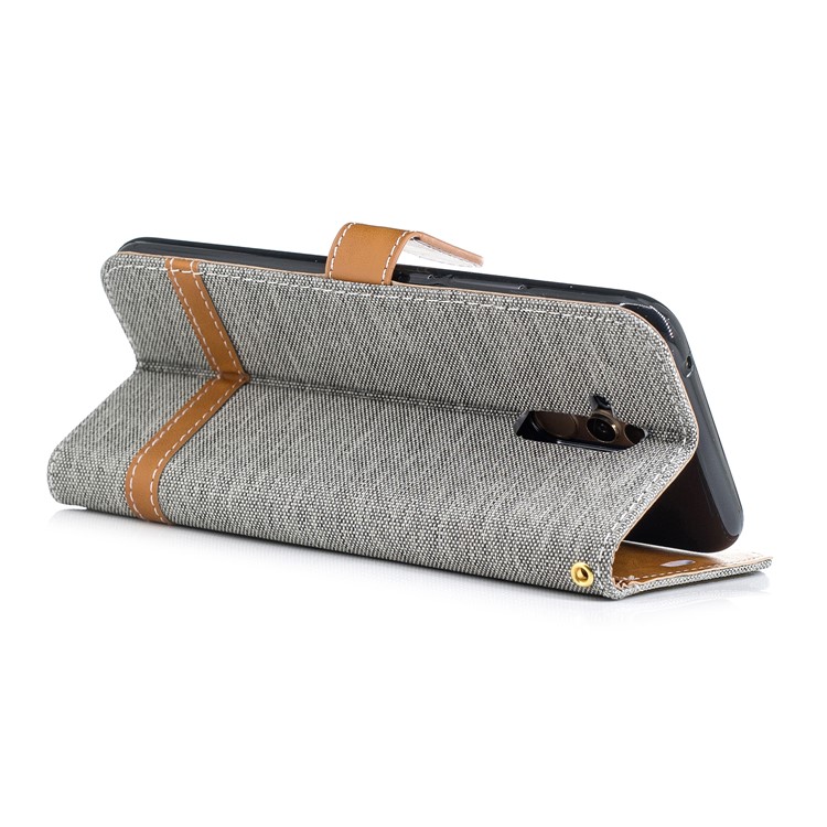 Splicing Jean Cloth PU Leather Wallet Stand Cover with Strap for Huawei Mate 20 Lite / Maimang 7 - Grey-6