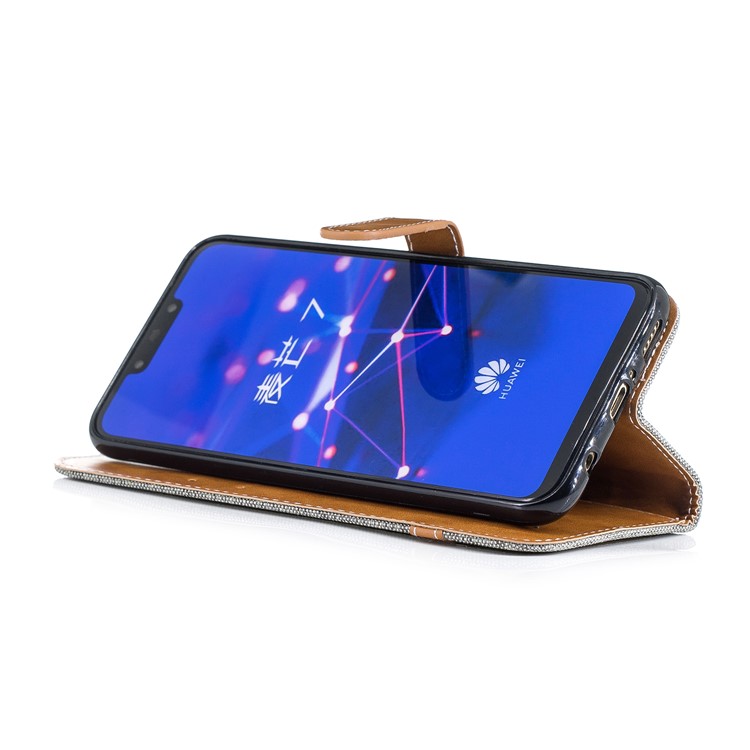 Splicing Jean Cloth PU Leather Wallet Stand Cover with Strap for Huawei Mate 20 Lite / Maimang 7 - Grey-7