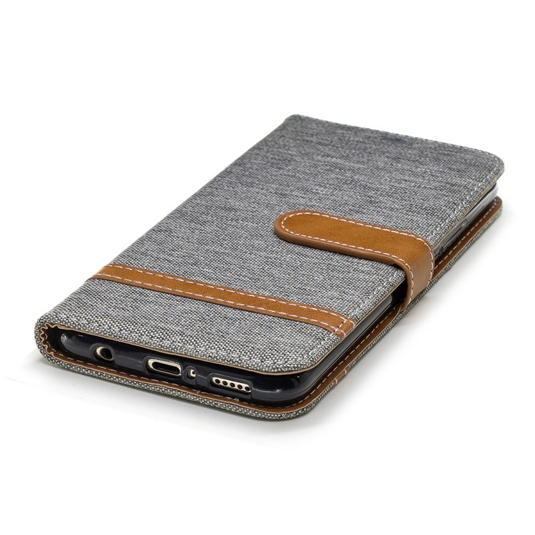 Splicing Jean Cloth PU Leather Wallet Stand Cover with Strap for Huawei Mate 20 Lite / Maimang 7 - Grey-8