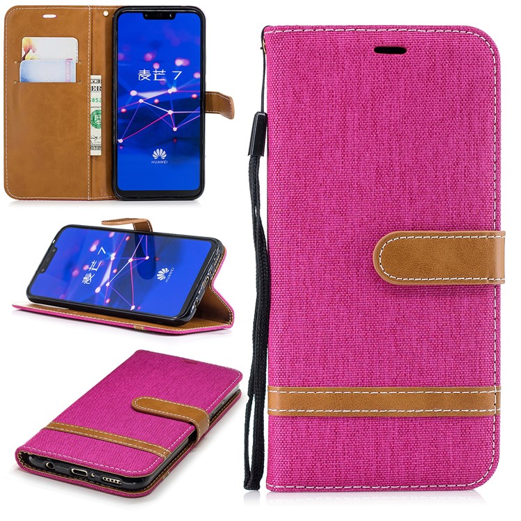 Splicing Jean Cloth PU Leather Wallet Stand Casing with Strap for Huawei Mate 20 Lite / Maimang 7 - Rose-1