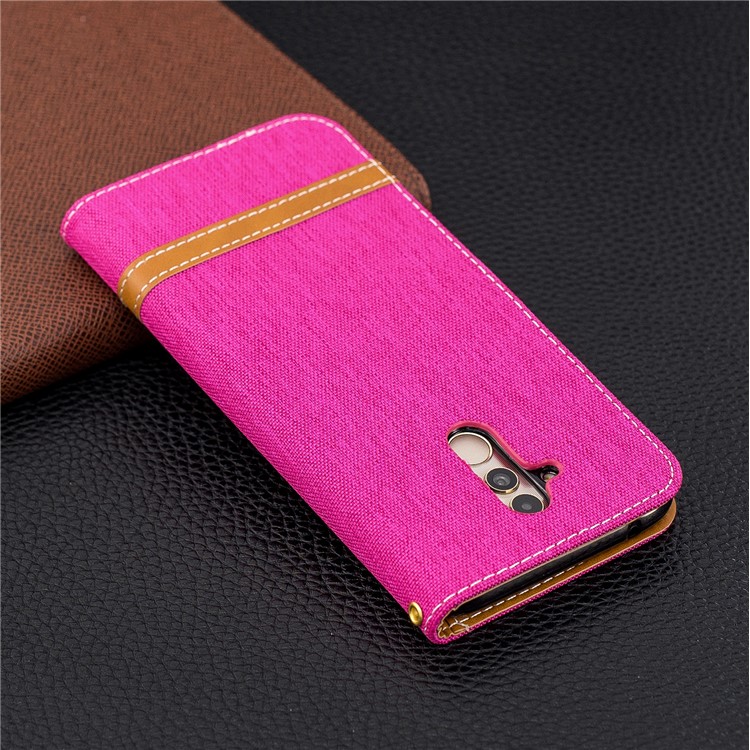 Splicing Jean Cloth PU Leather Wallet Stand Casing with Strap for Huawei Mate 20 Lite / Maimang 7 - Rose-3