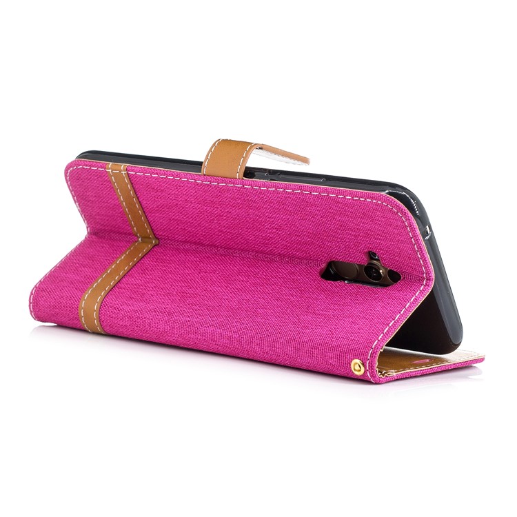 Splicing Jean Cloth PU Leather Wallet Stand Casing with Strap for Huawei Mate 20 Lite / Maimang 7 - Rose-6