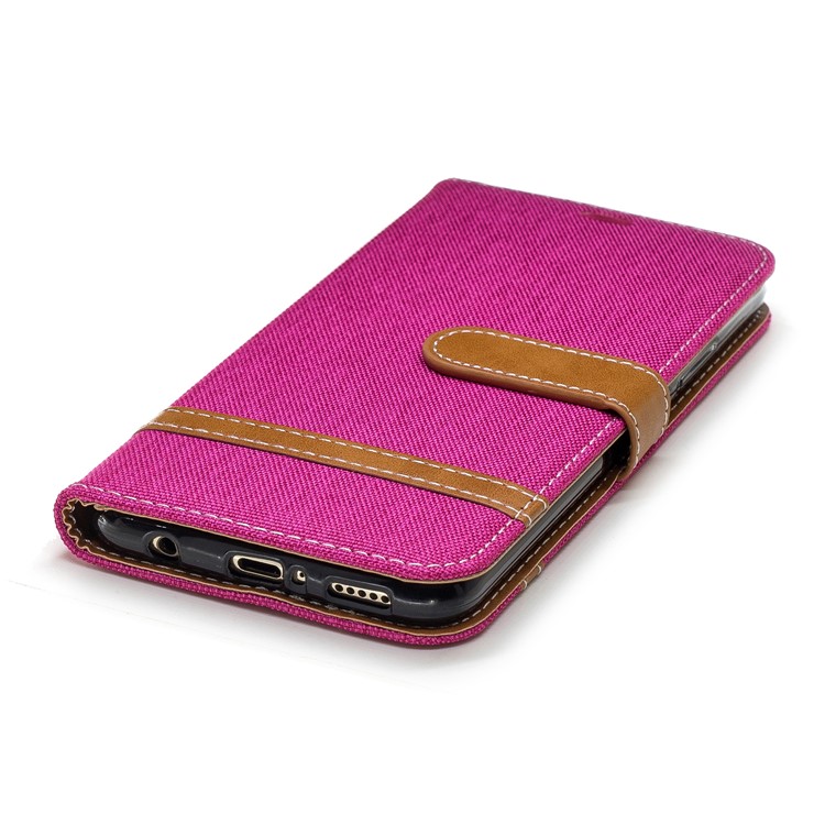 Splicing Jean Cloth PU Leather Wallet Stand Casing with Strap for Huawei Mate 20 Lite / Maimang 7 - Rose-8