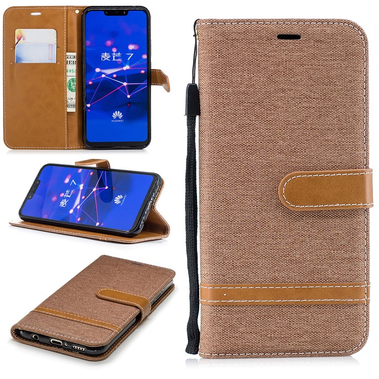 Splicing Jean Cloth PU Leather Wallet Stand Cell Phone Case with Strap for Huawei Mate 20 Lite / Maimang 7 - Khaki-1